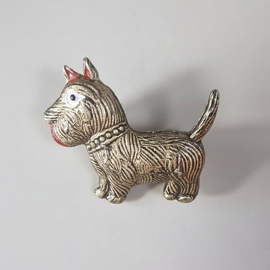 Vintage 1950s Gold-Tone Bronze Scottie Dog Brooch Figural Animal Terrier Enamel