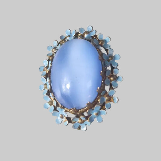 Vintage Gold-Tone Blue Cabochon Brooch Enamel Daisy Floral Pin Costume Jewelry