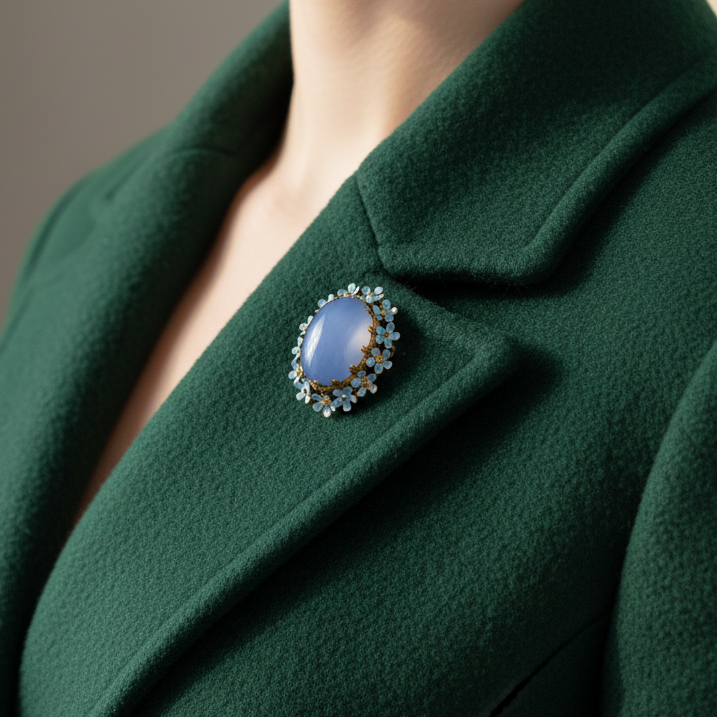 Vintage Gold-Tone Blue Cabochon Brooch Enamel Daisy Floral Pin Costume Jewelry