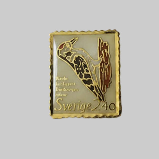 Vintage 1980s Gold-Tone Swedish Postage Stamp Brooch Woodpecker Enamel Bird UK