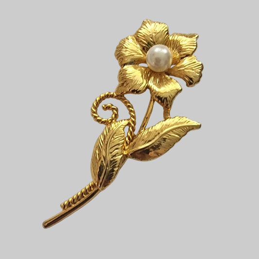 Vintage 1950s Gold Tone Floral Brooch Mid Century Faux Pearl Figural Botanical