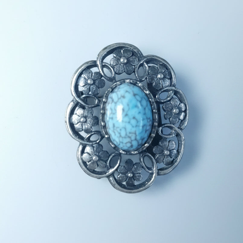 Vintage Silver-Tone Filigree Oval Brooch Blue Cabochon Mid-Century Floral Pin