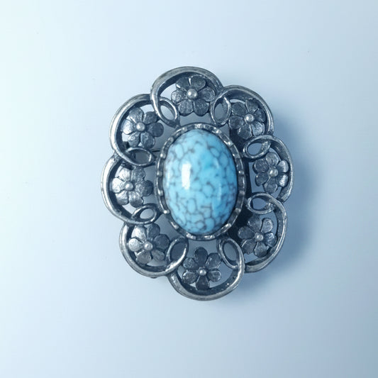 Vintage Silver-Tone Filigree Oval Brooch Blue Cabochon Mid-Century Floral Pin