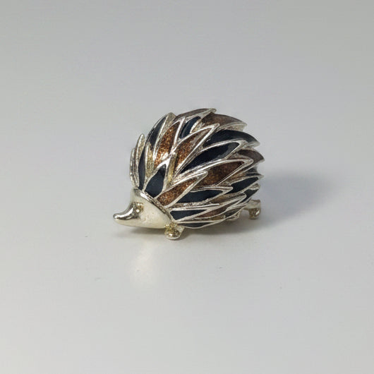 Vintage Silver-Tone Brown Enamel Hedgehog Figural Brooch Animal Lapel Pin 70s