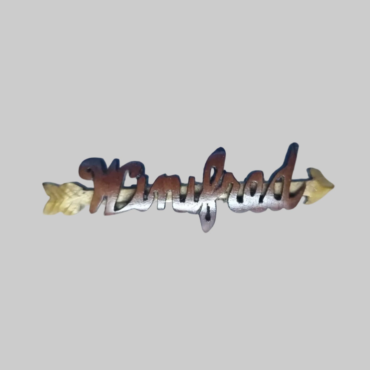Vintage Carved Wooden Name Brooch Winifred Arrow Script Mid-Century Lapel Pin