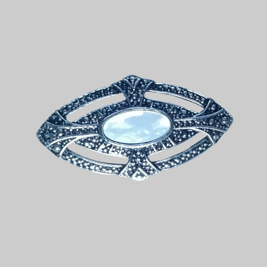 Vintage Silver-Tone Art Deco Marquise Brooch Mother Of Pearl Marcasite Style Pin