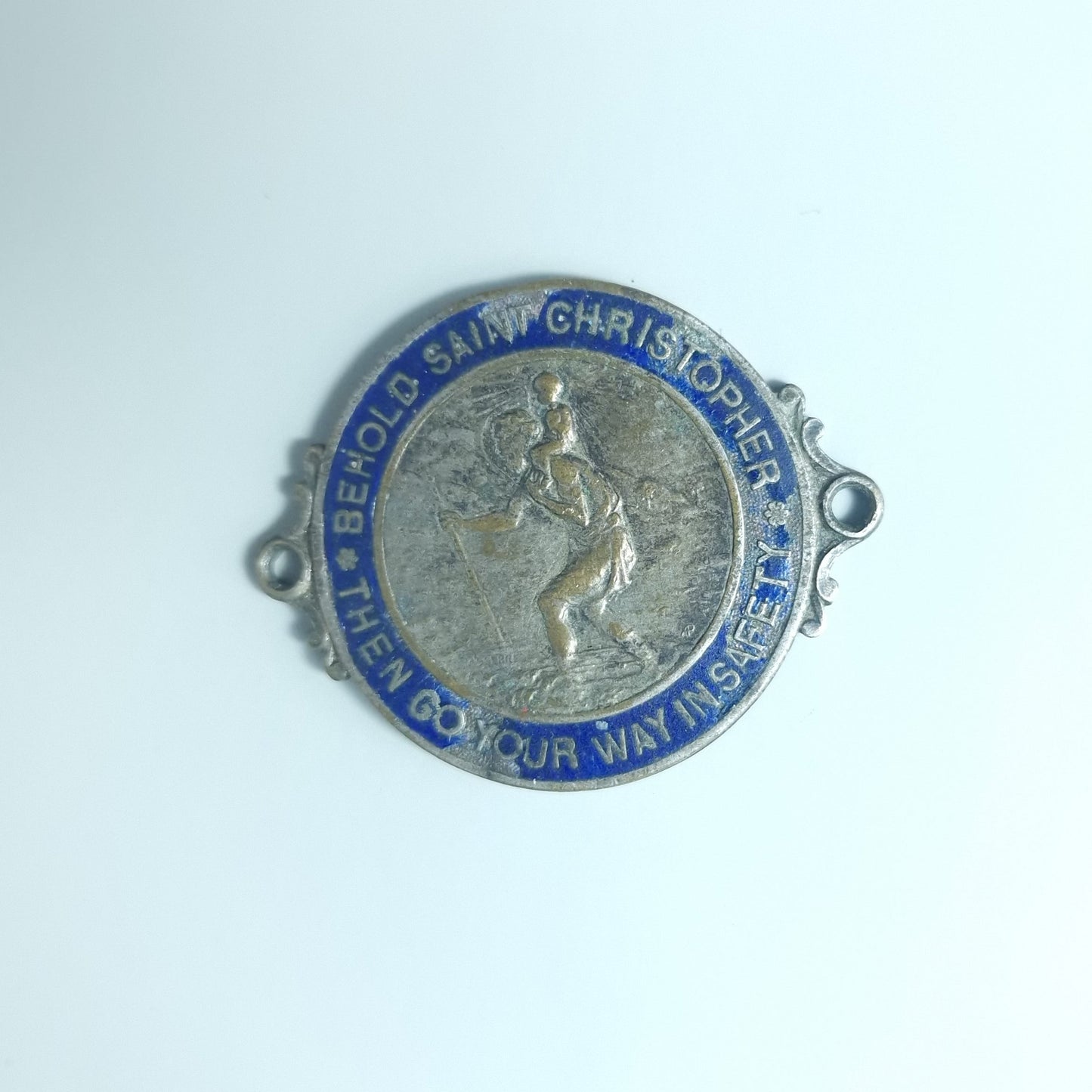 Vintage Silver-Tone Saint Christopher Travel Medallion Blue Enamel France Badge