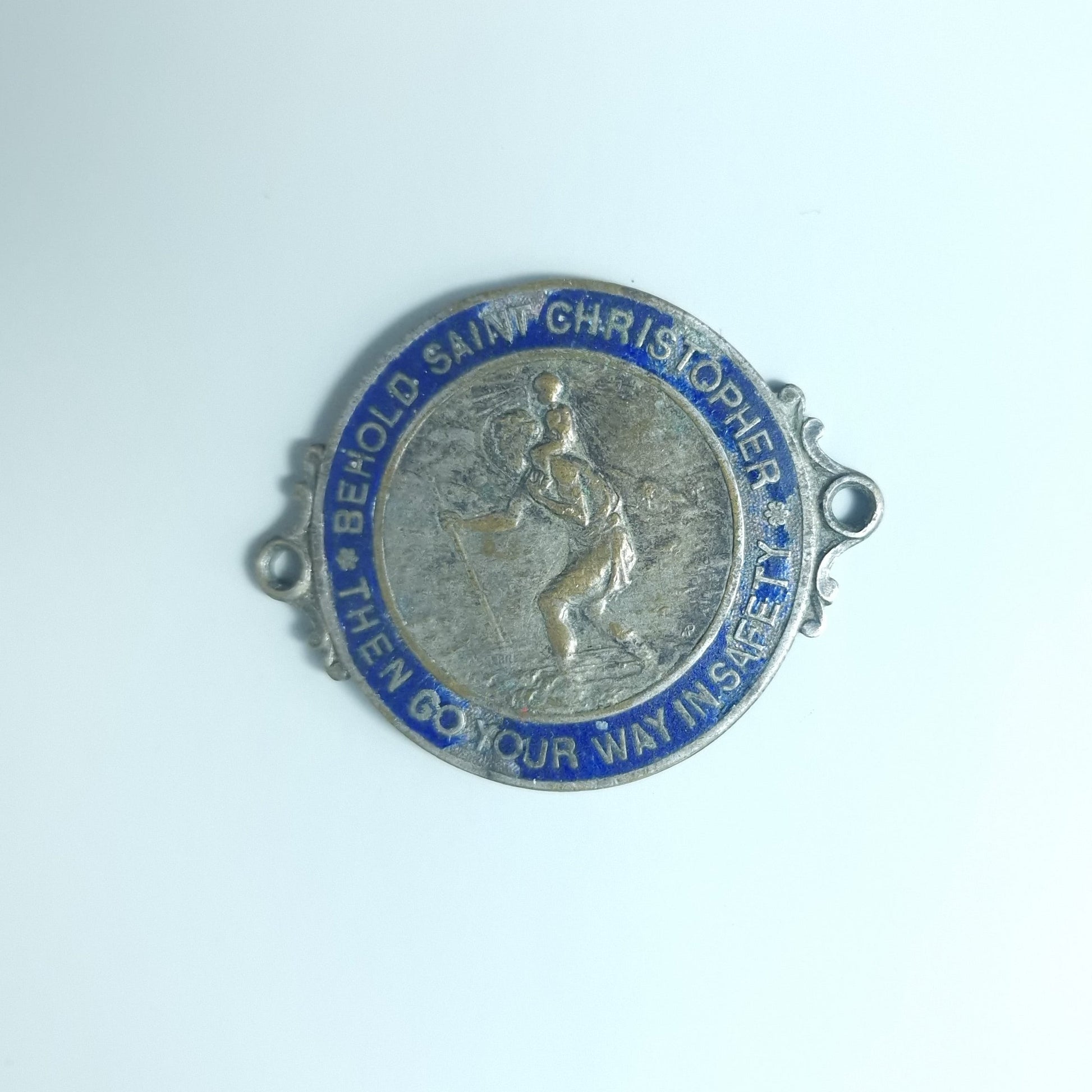 Vintage Silver-Tone Saint Christopher Travel Medallion Blue Enamel France Badge