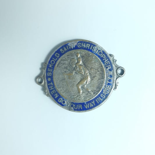 Vintage Silver-Tone Saint Christopher Travel Medallion Blue Enamel France Badge