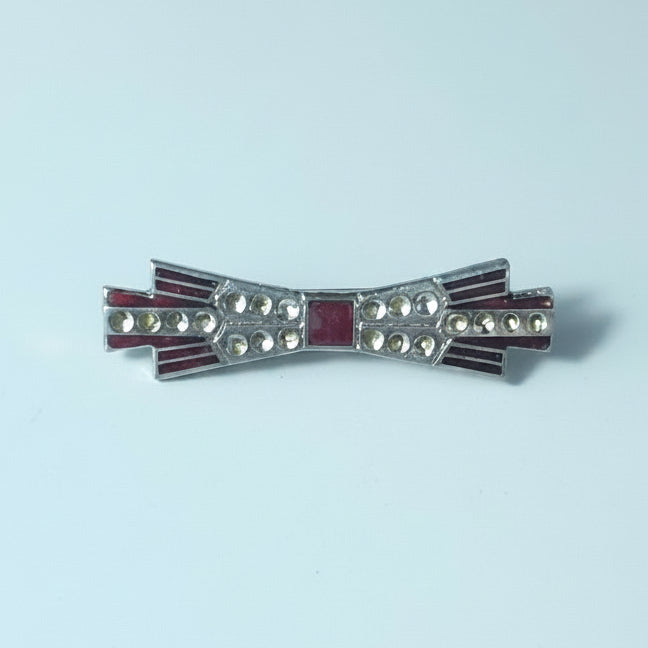 Vintage 1930s Gold-Tone Art Deco Bow Brooch Stepped Red Enamel Geometric Chic