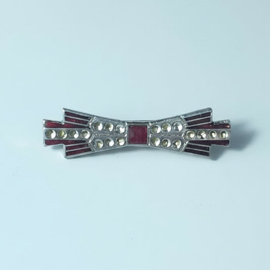 Vintage 1930s Gold-Tone Art Deco Bow Brooch Stepped Red Enamel Geometric Chic