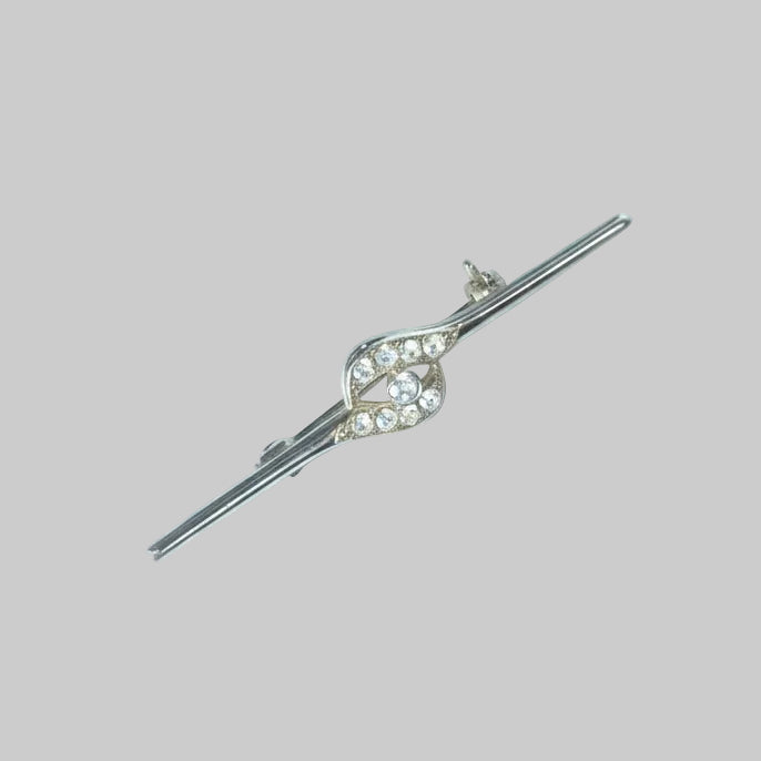 Vintage 1970s Gold-Tone Clear Crystal Rhinestone Bar Brooch Infinity Knot Pin