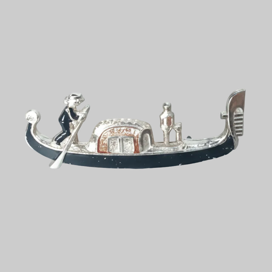 PICCOLO Vintage Silver-Tone Black Enamel Venice Gondola Brooch Italy Figural Pin