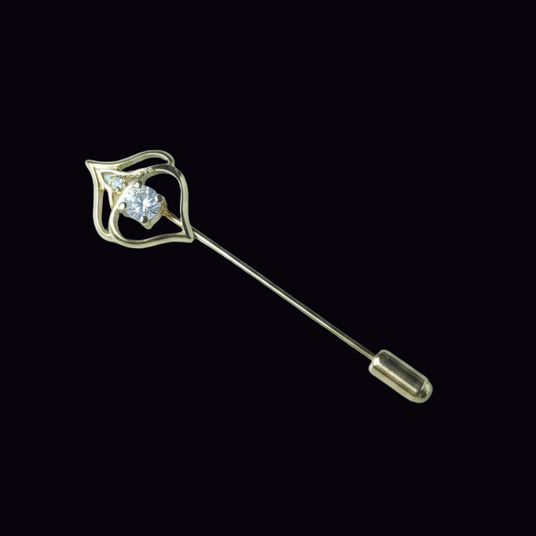 Vintage Gold-Tone Geometric Open-Work Stick Pin Rhinestone Costume Lapel Brooch