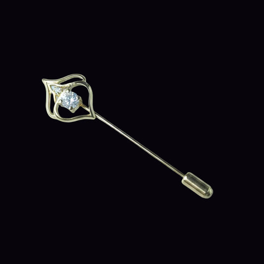 Vintage Gold-Tone Geometric Open-Work Stick Pin Rhinestone Costume Lapel Brooch