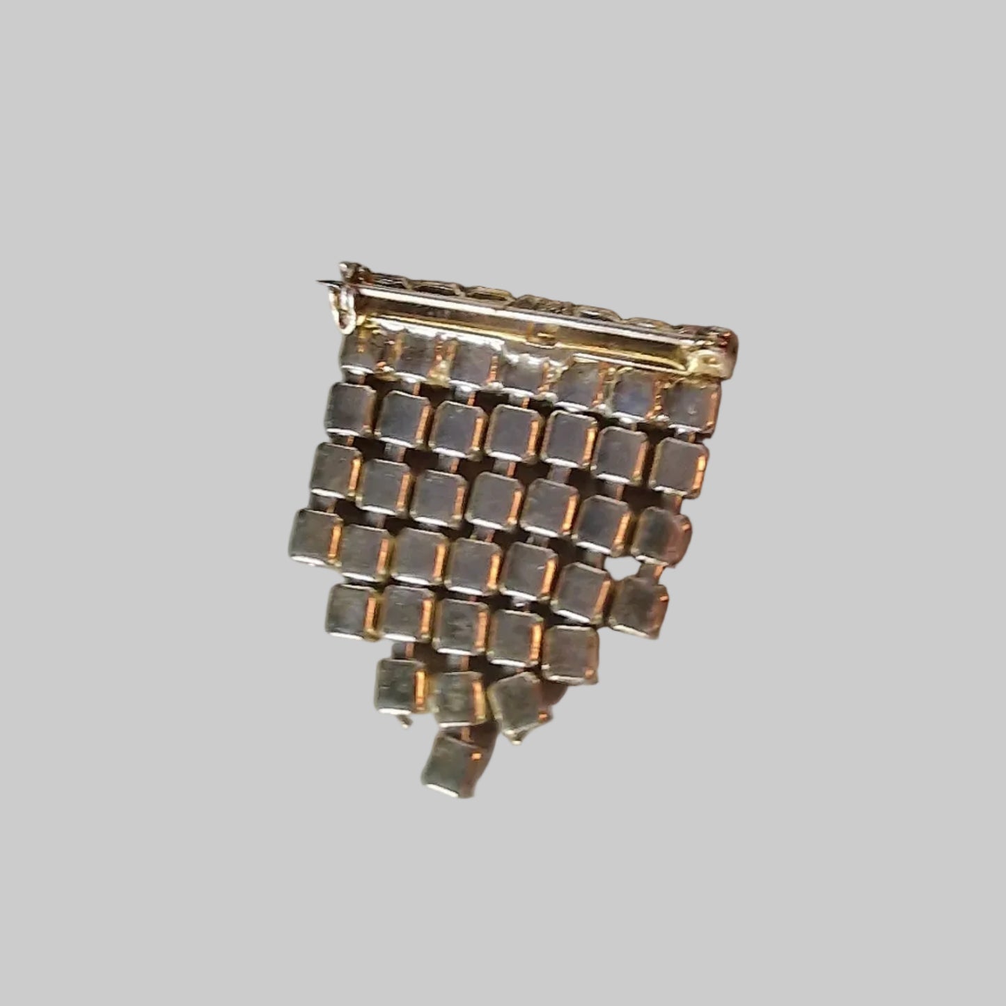 Vintage 1960s Silver-Tone Rhinestone Staircase Step Brooch Pave Geometric Pin