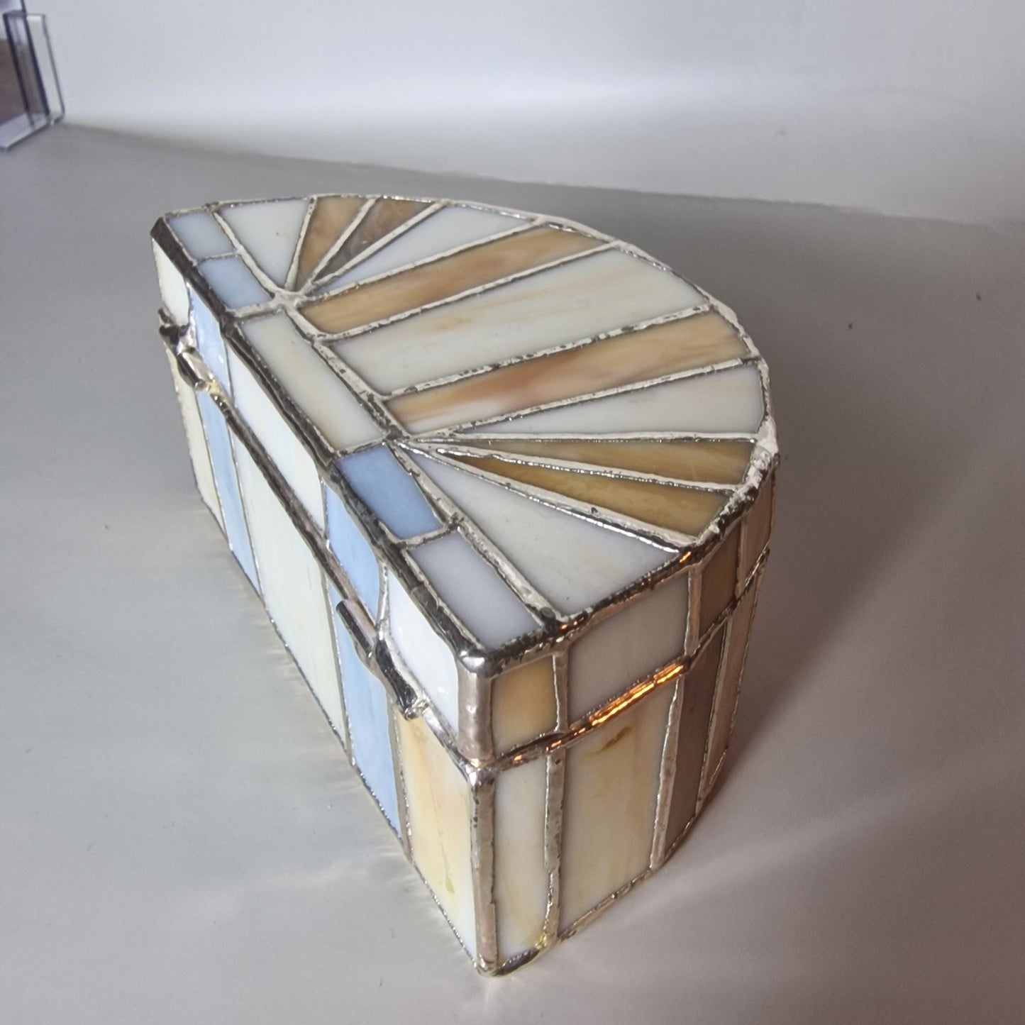 Vintage Mother Of Pearl Art Deco Hinged Jewellery Box Velvet Geometric Mosaic – photo 6