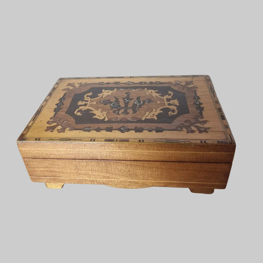Vintage Wooden Inlay Jewellery Box Two Compartments Geometric Folk Art Hinged