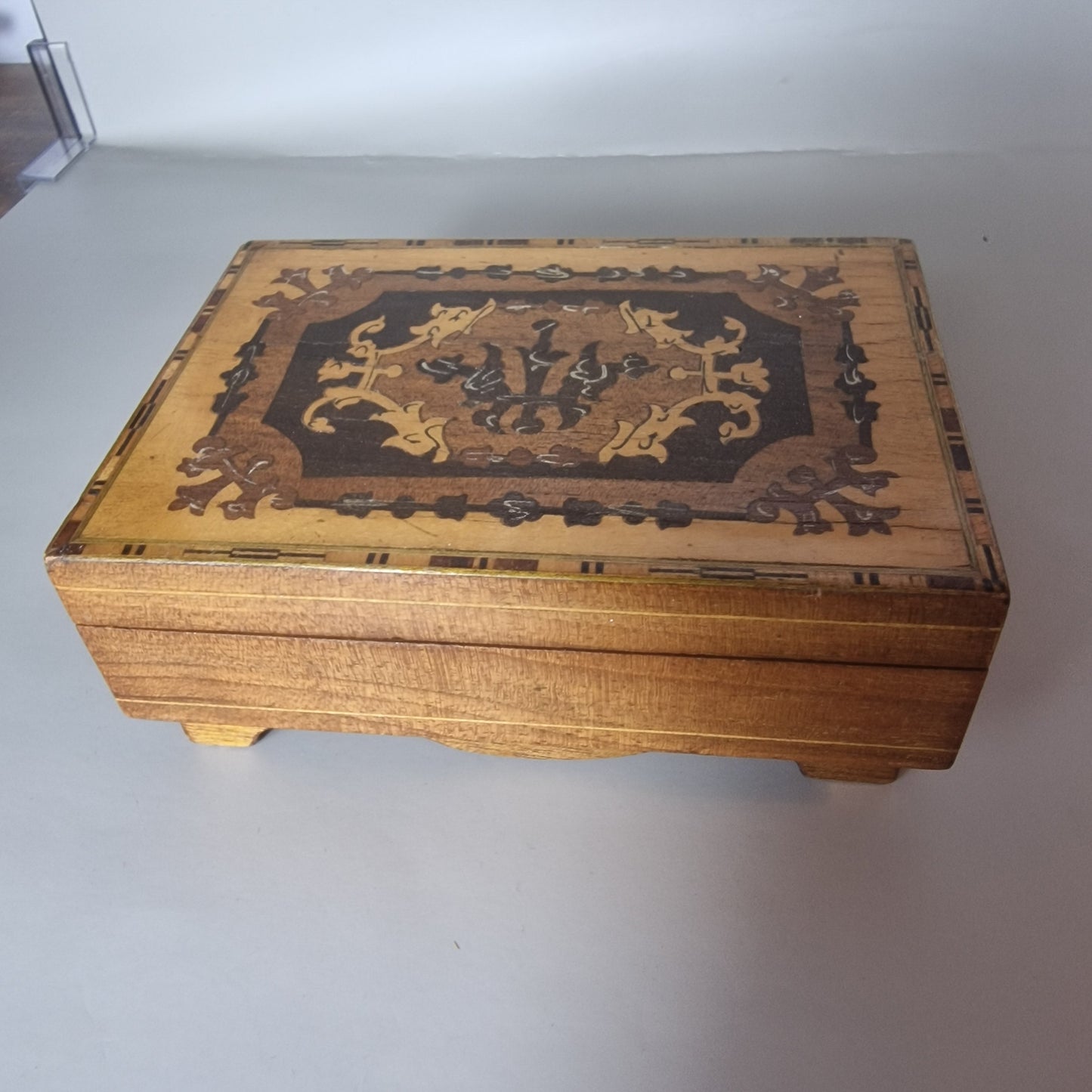 Vintage Wooden Inlay Jewellery Box Two Compartments Geometric Folk Art Hinged – photo 3