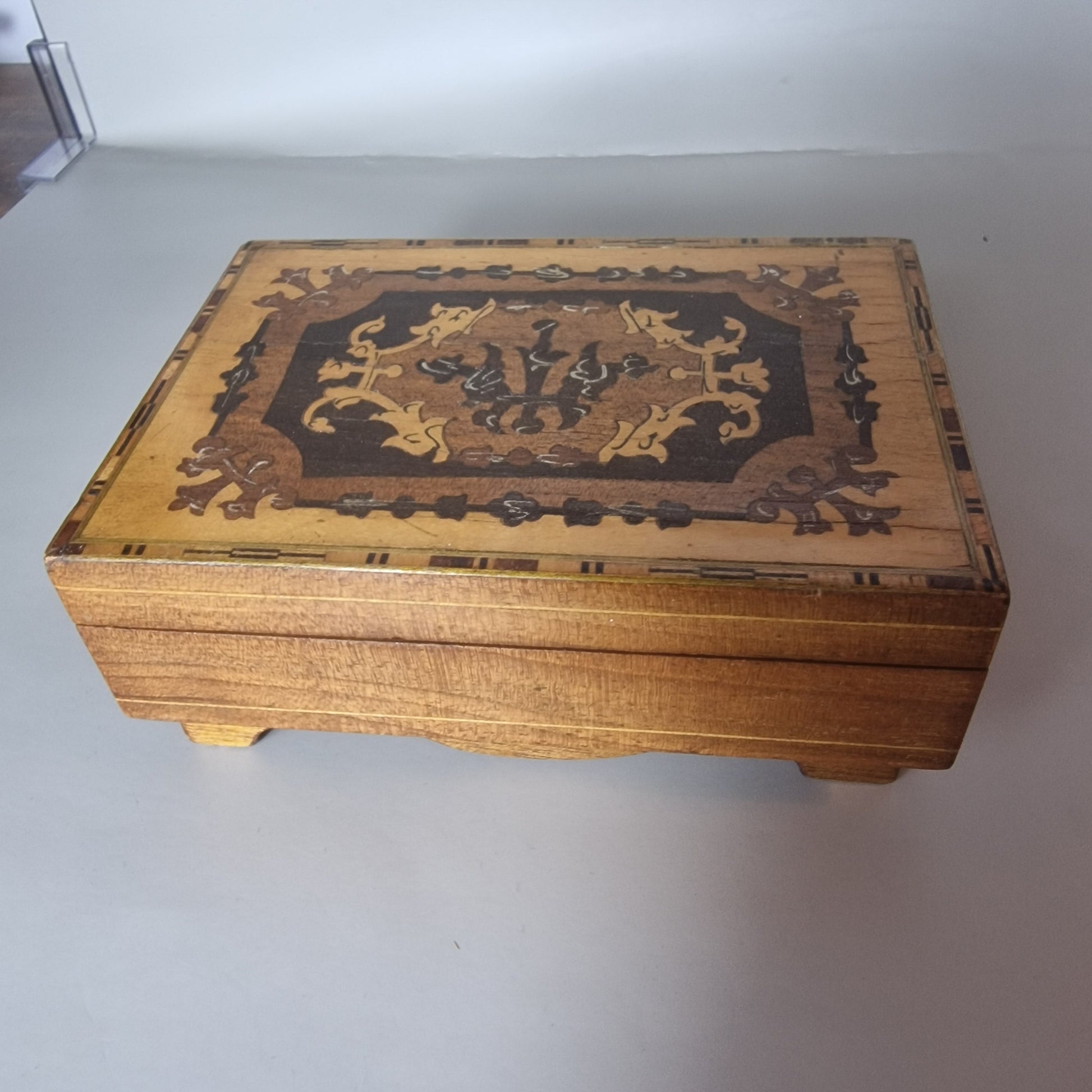 Vintage Wooden Inlay Jewellery Box Two Compartments Geometric Folk Art Hinged – photo 3