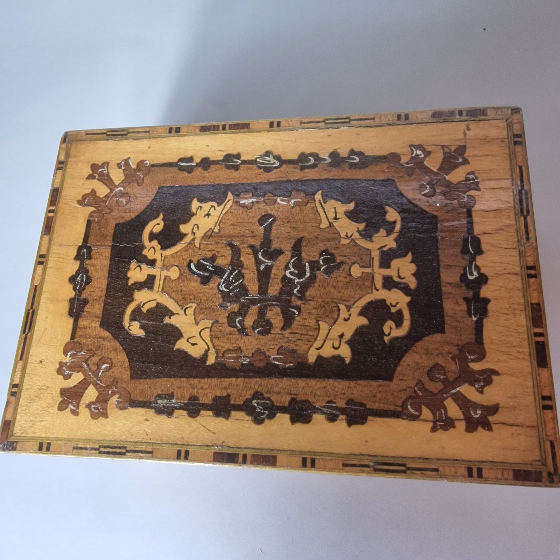 Vintage Wooden Inlay Jewellery Box Two Compartments Geometric Folk Art Hinged – photo 4