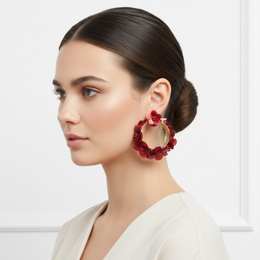 Vintage Red Gold-Tone Floral Sequin Hoop Earrings 1990s Costume Party Statement – photo 2