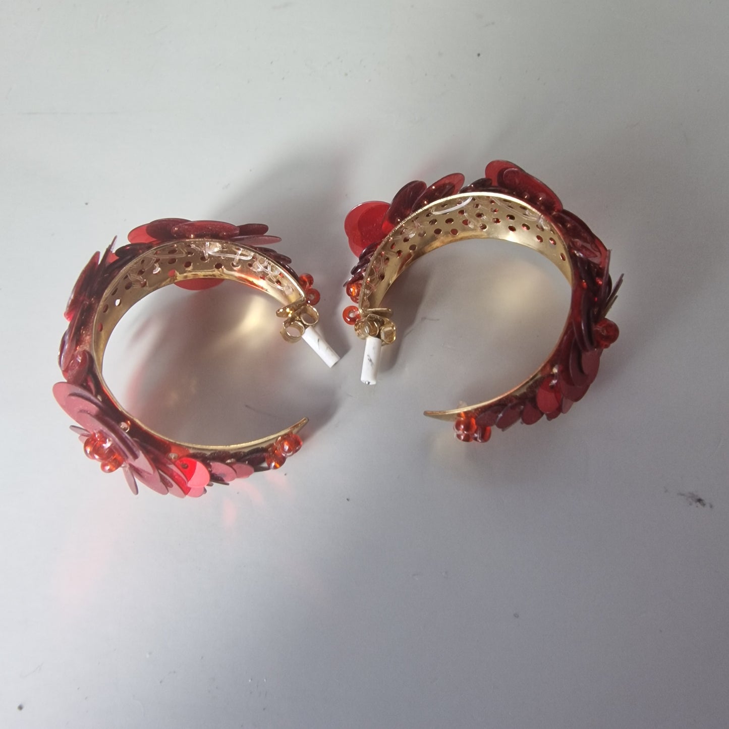 Vintage Red Gold-Tone Floral Sequin Hoop Earrings 1990s Costume Party Statement – photo 5
