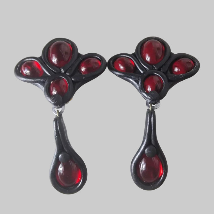 Vintage 1990s Handmade Polymer Clay Clip-On Earrings Black Red Cabochon Drops