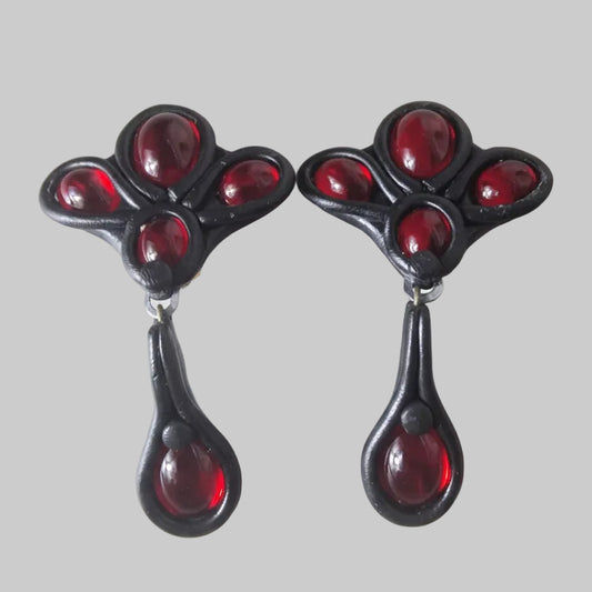 Vintage 1990s Handmade Polymer Clay Clip-On Earrings Black Red Cabochon Drops