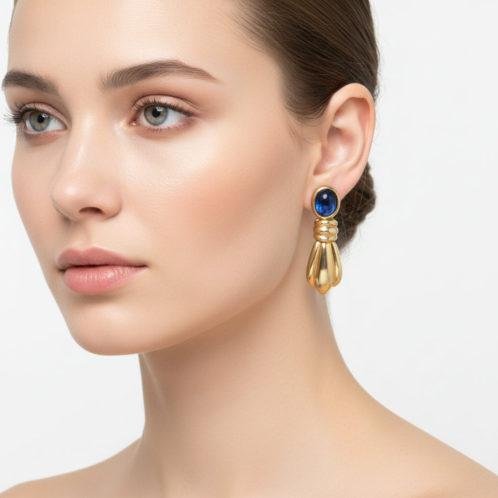 Vintage Gold-Tone Clip-On Dangle Earrings Deep Blue Oval Cabochon Fluted Drop – photo 2