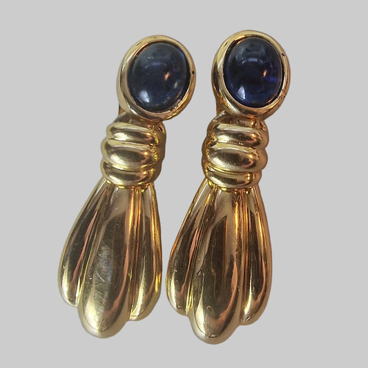 Vintage Gold-Tone Clip-On Dangle Earrings Deep Blue Oval Cabochon Fluted Drop