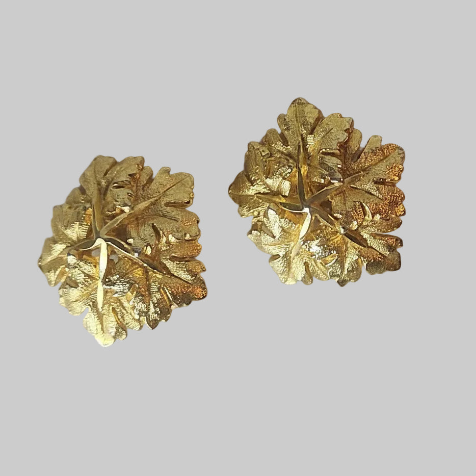 Vintage 1960s Gold-Tone Textured Leaf Cluster Clip-On Earrings Floral Costume
