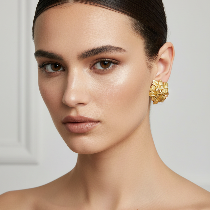 Vintage 1960s Gold-Tone Textured Leaf Cluster Clip-On Earrings Floral Costume