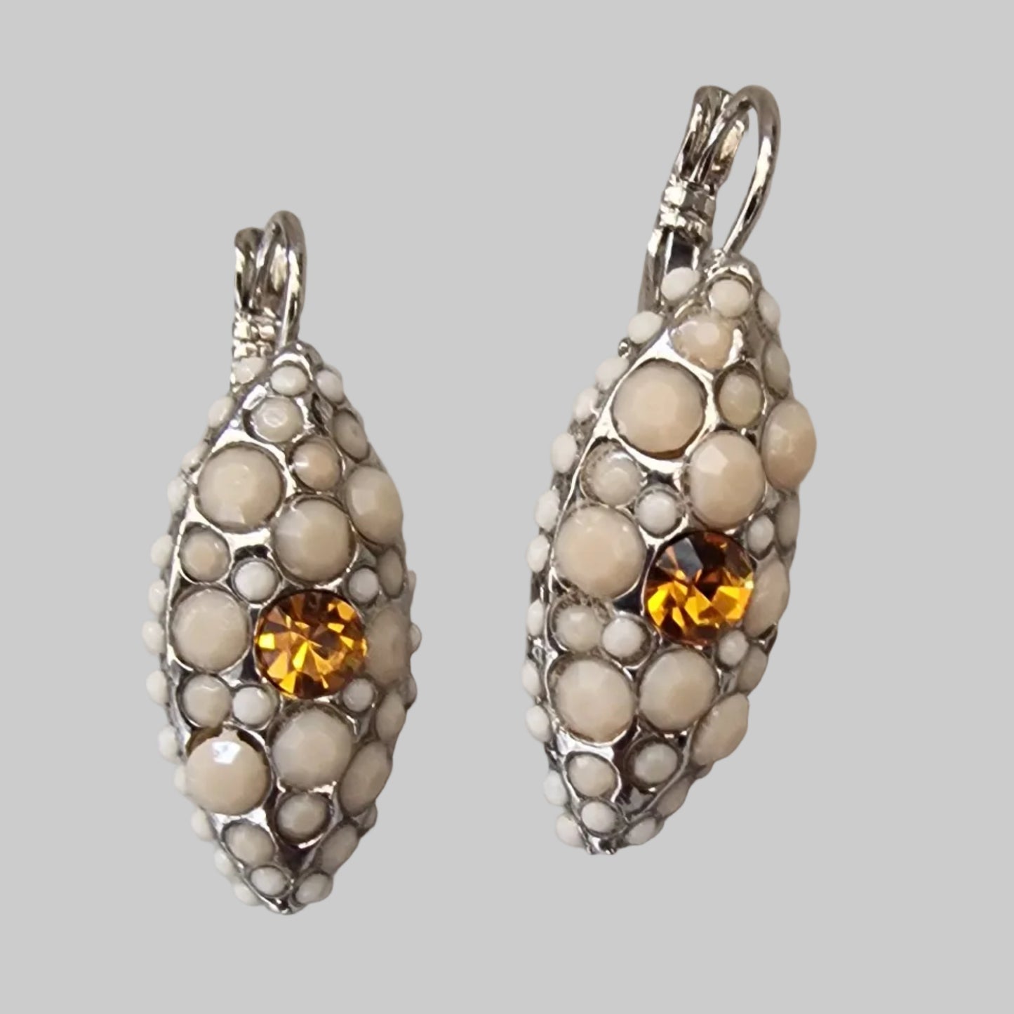 Vintage Silver-Tone Marquise Earrings Cream Stones Amber Rhinestone Lever Back
