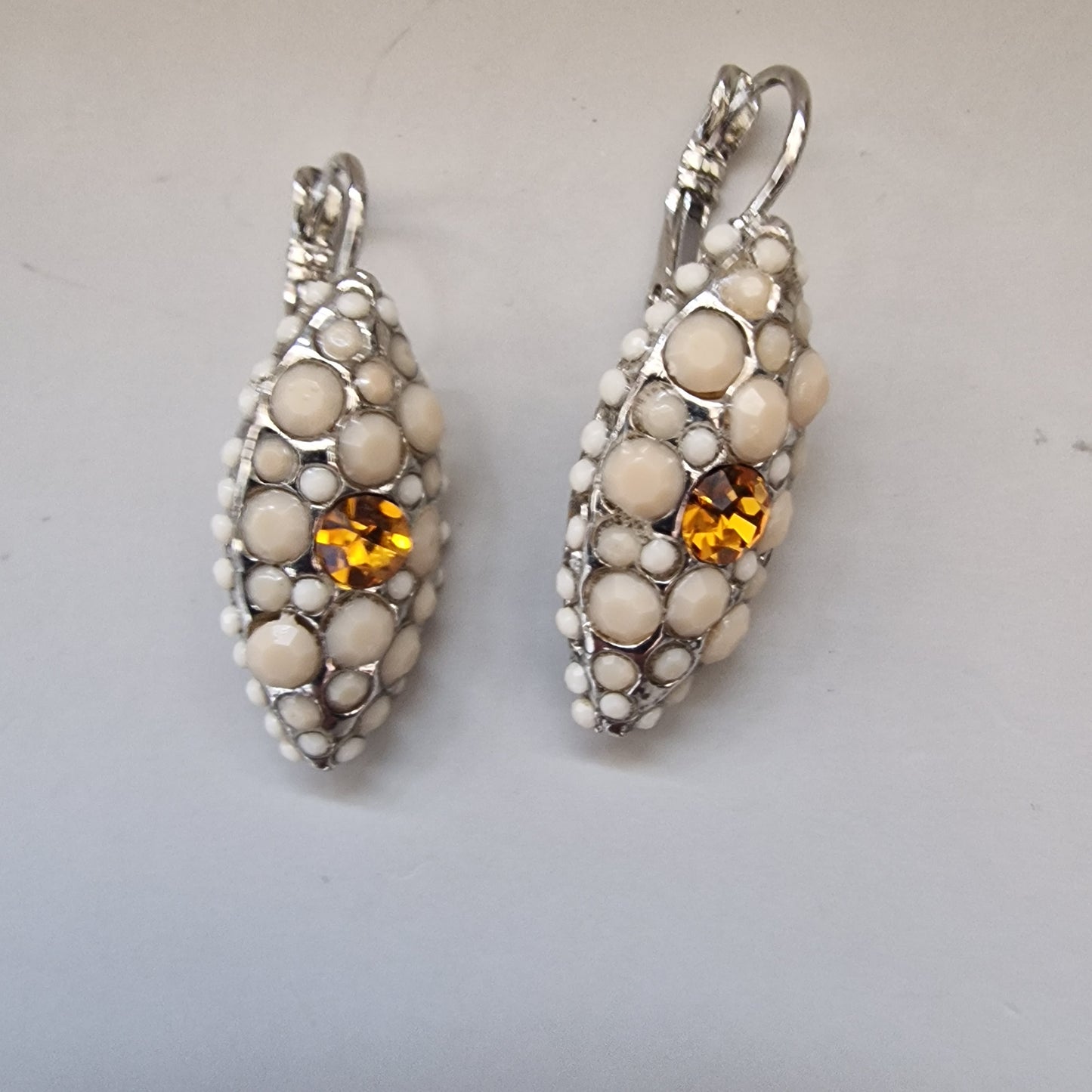 Vintage Silver-Tone Marquise Earrings Cream Stones Amber Rhinestone Lever Back – photo 2
