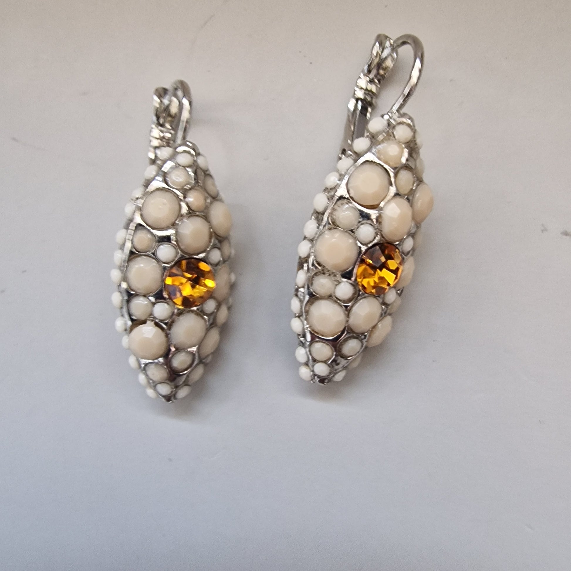 Vintage Silver-Tone Marquise Earrings Cream Stones Amber Rhinestone Lever Back – photo 2