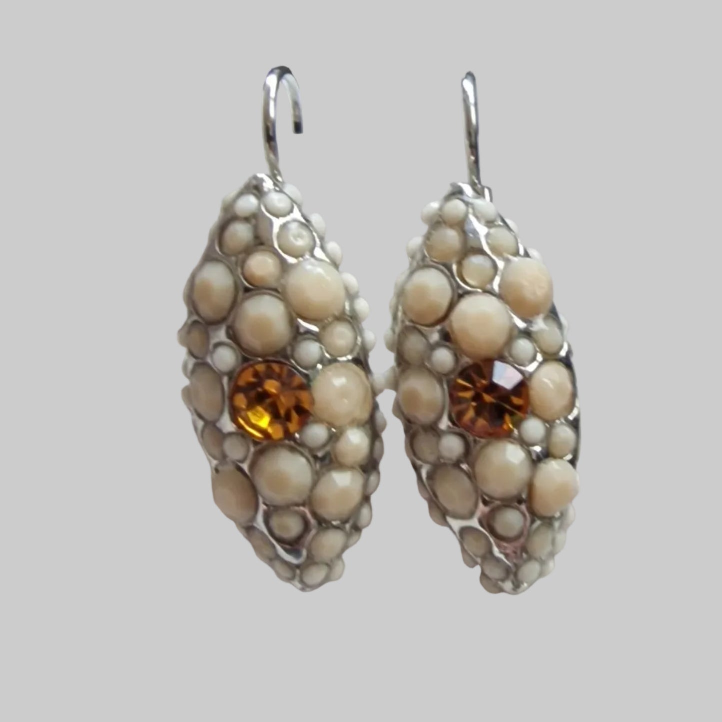 Vintage Silver-Tone Marquise Earrings Cream Stones Amber Rhinestone Lever Back – photo 3
