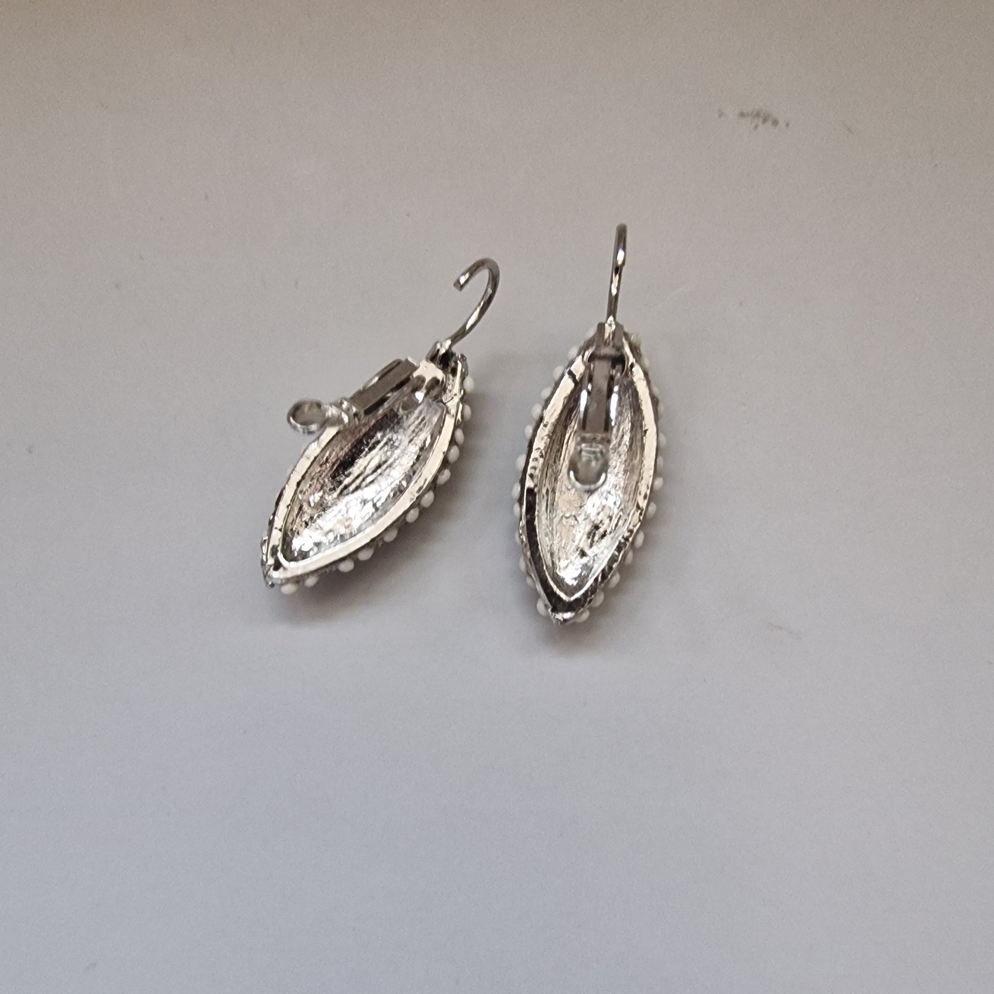 Vintage Silver-Tone Marquise Earrings Cream Stones Amber Rhinestone Lever Back – photo 7