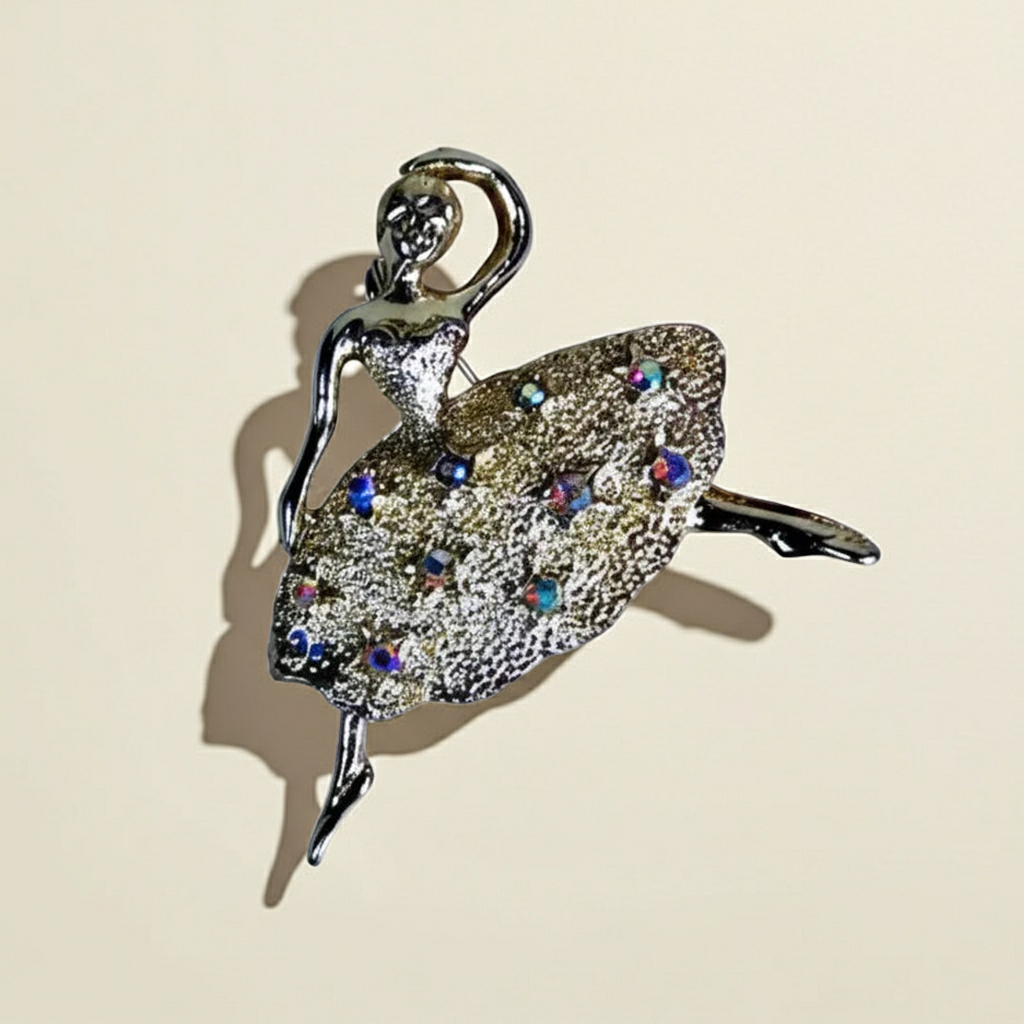 Vintage Gold-Tone Ballerina Dancer Brooch Figural Rhinestone Lapel Pin Retro