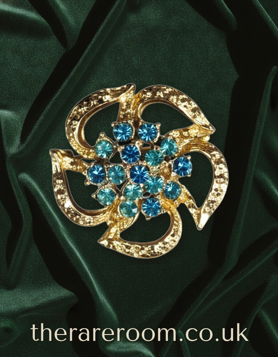 Vintage 1960s Gold-Tone Round Floral Brooch Blue Rhinestone Cluster Costume Pin — pinterest