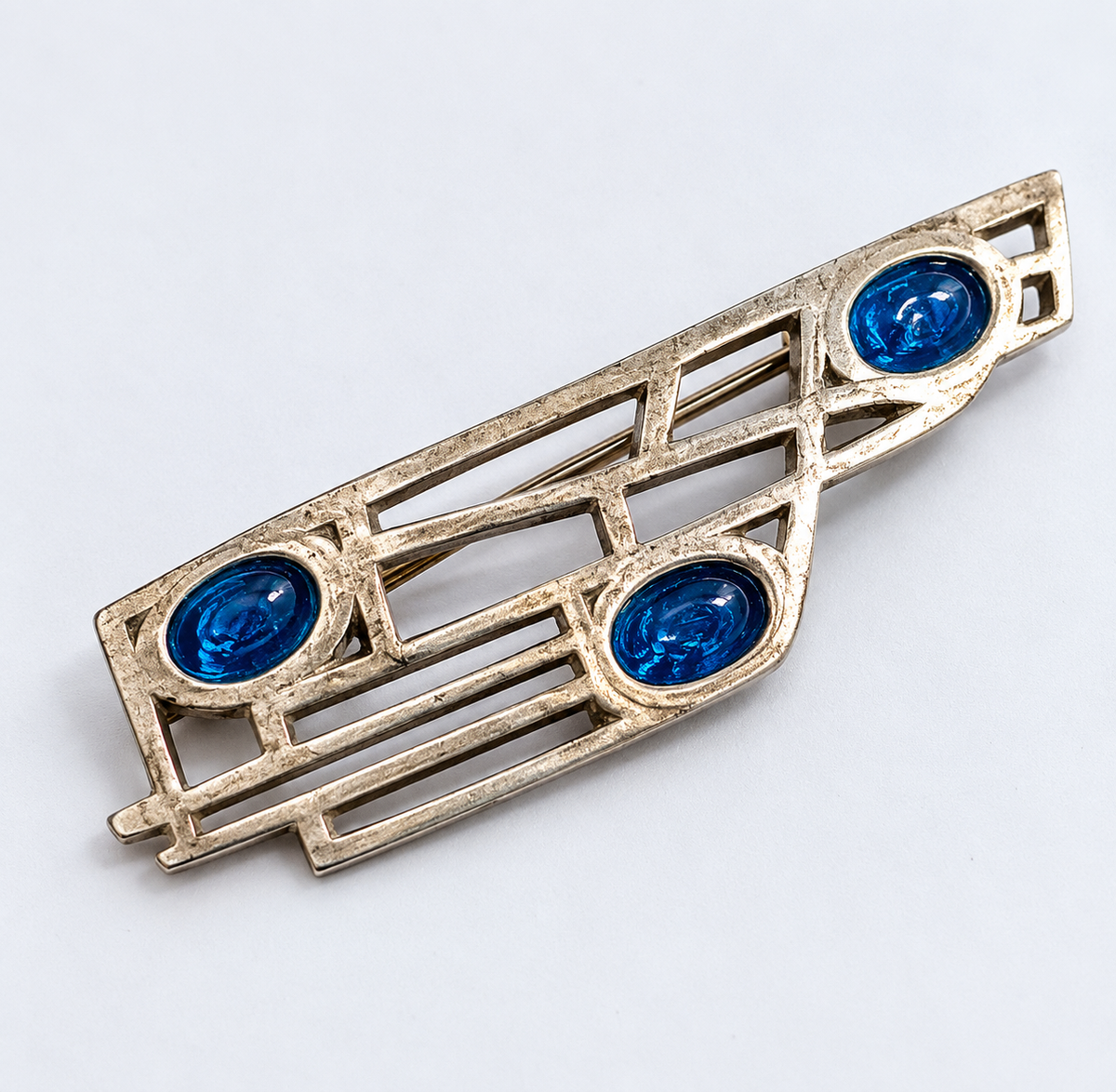 Vintage St Justin 1980s Silver-Tone Openwork Brooch Blue Glass Mackintosh Pin