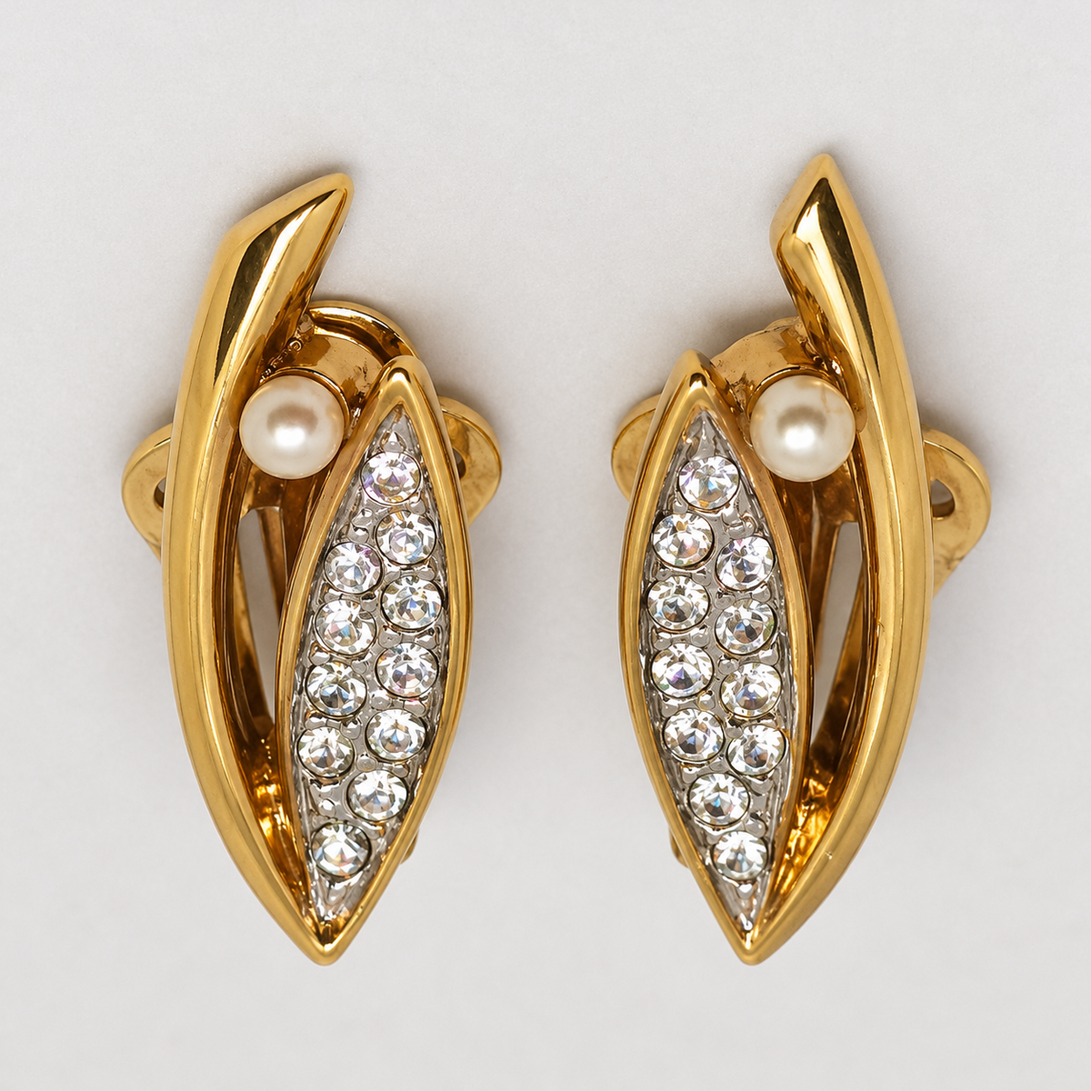 Vintage Attwood and Sawyer 1980s Gold-Tone Clear Rhinestone Clip-On Earrings