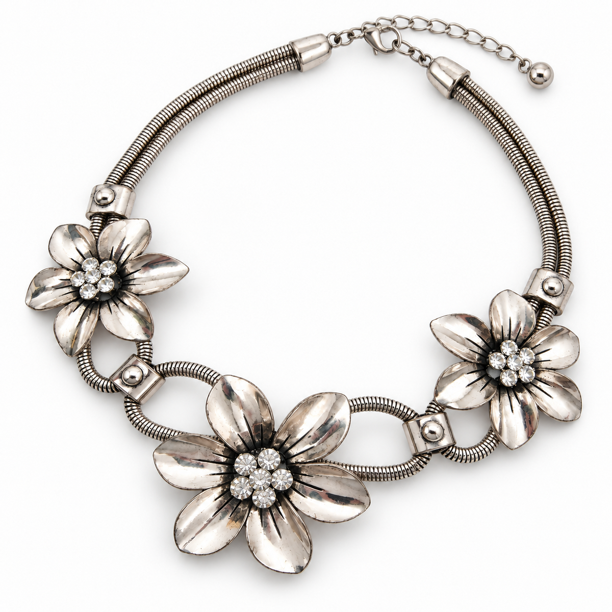 Vintage 1980s Silver-Tone Floral Necklace Three Rhinestone Flowers Snake Chain