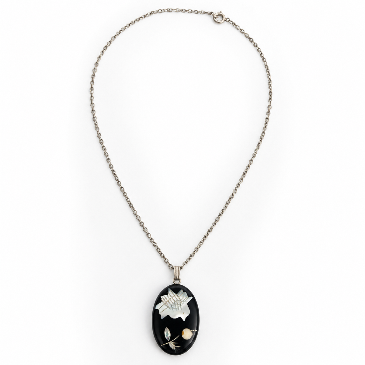 Vintage 1970s Black Silver-Tone Floral Botanical Necklace Mother Of Pearl Inlay