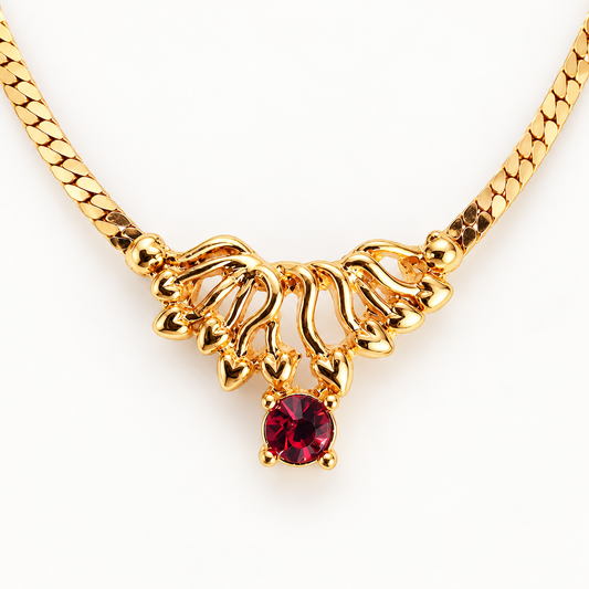 Vintage 1980s Gold-Tone Herringbone Chain Necklace Red Rhinestone Drop Pendant