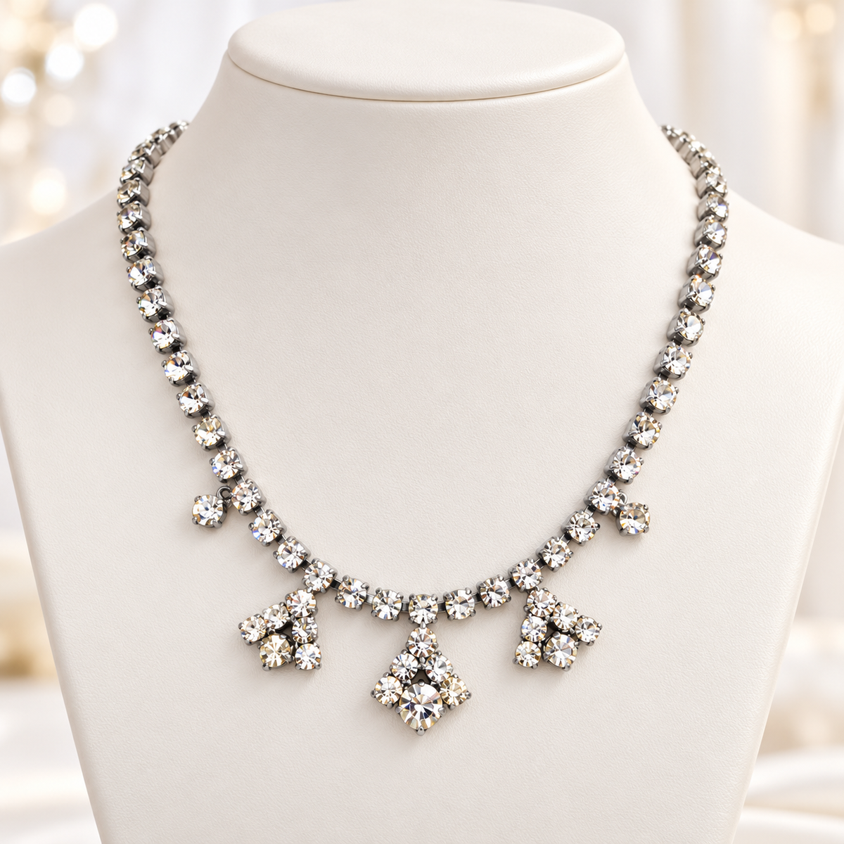 Vintage 1950s Silver-Tone Rhinestone Drop Necklace Geometric Costume Jewellery