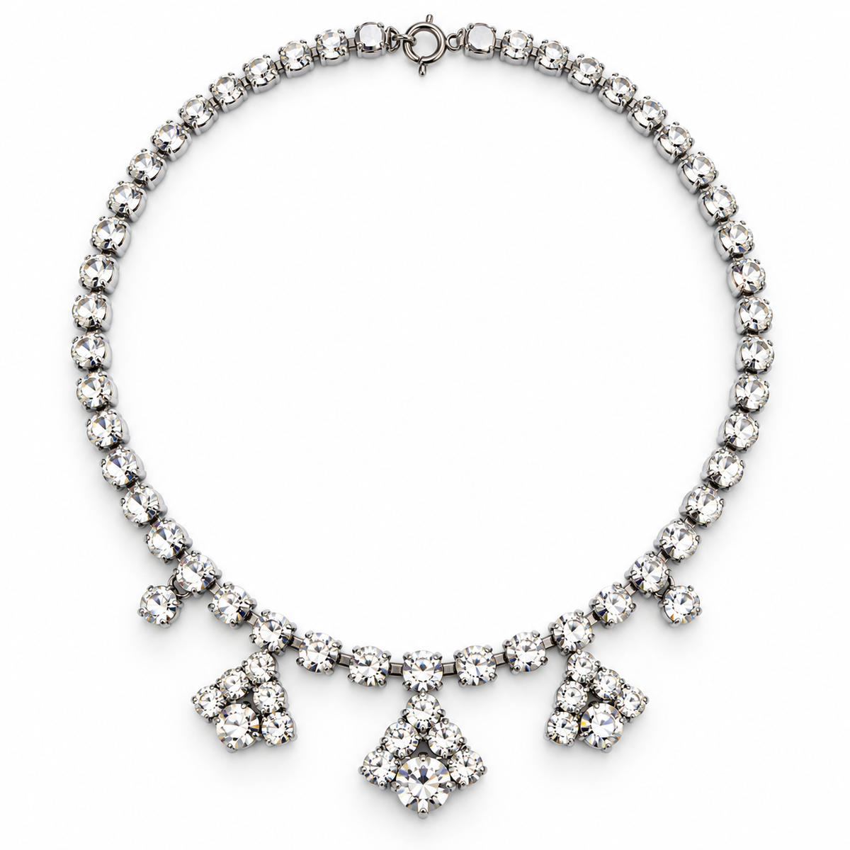 Vintage 1950s Silver-Tone Rhinestone Drop Necklace Geometric Costume Jewellery