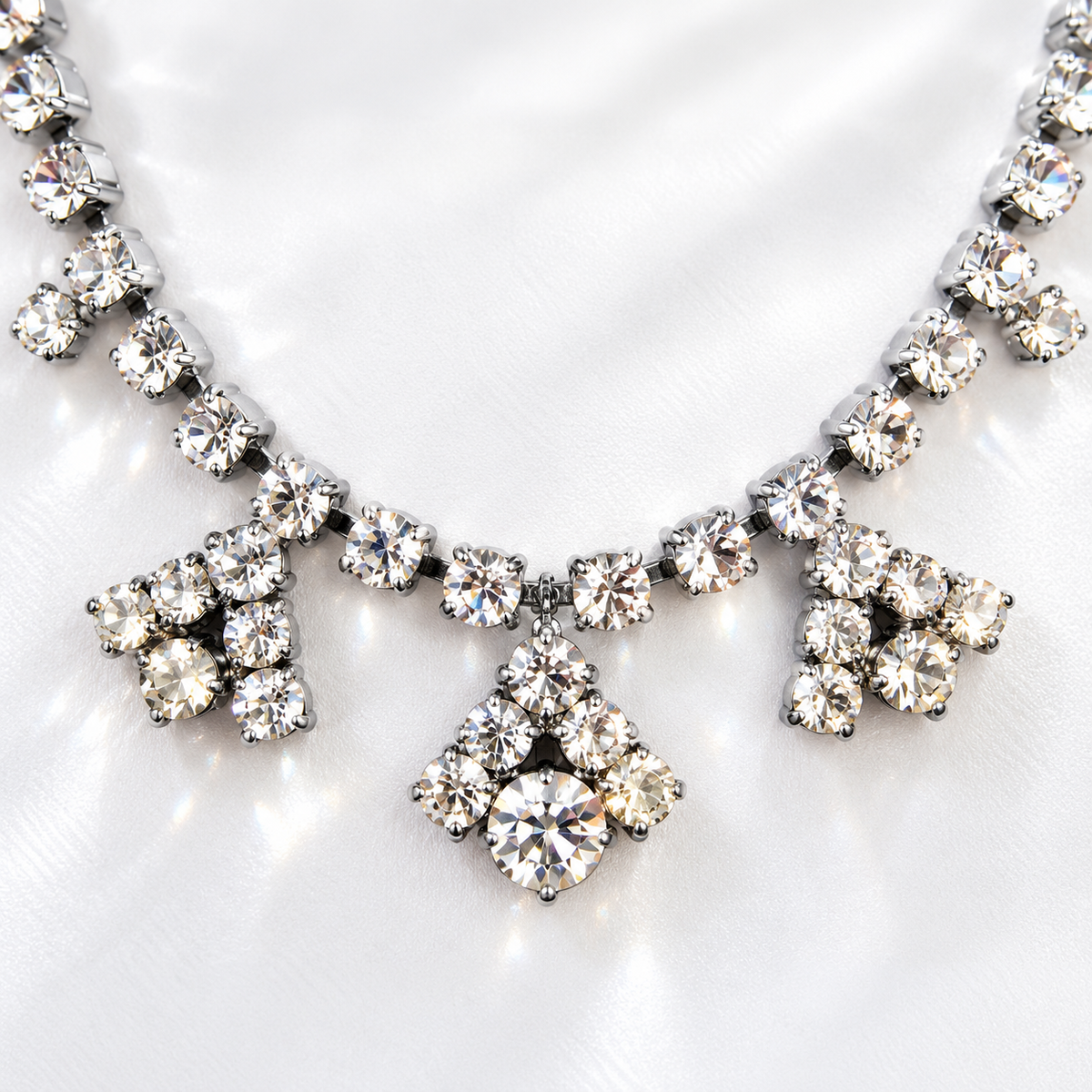 Vintage 1950s Silver-Tone Rhinestone Drop Necklace Geometric Costume Jewellery