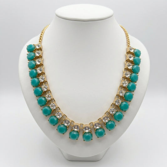 Vintage 1980s Gold-Tone Teal Green Glass Rhinestone Statement Necklace Signed