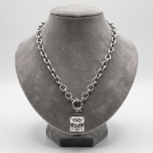 Vintage 1990s Silver-Tone Cable Chain Necklace Square CZ Crystal Toggle Clasp